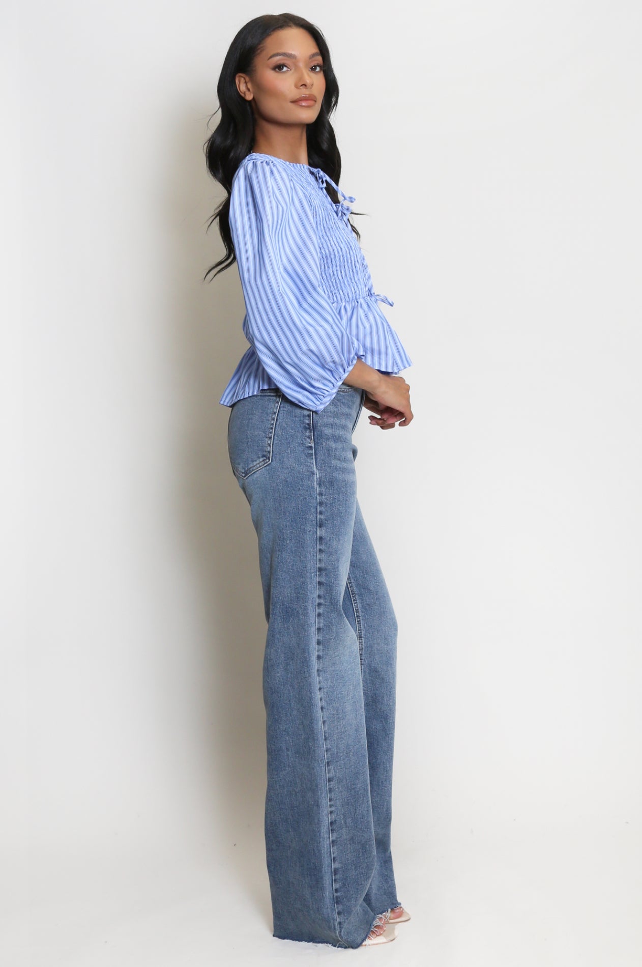 ‘Beau’ Stripe Shirred Peplum Blouse
