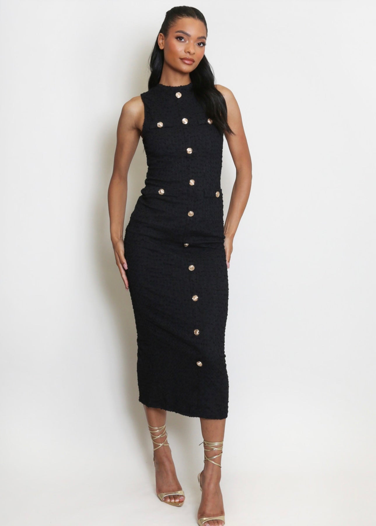 ‘Lisa’ Gold Buttoned Midi Dress