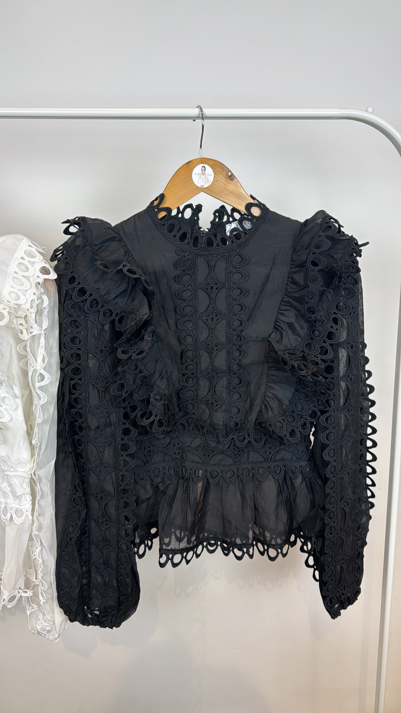 ‘Elsie’ White and Black Frill Blouses