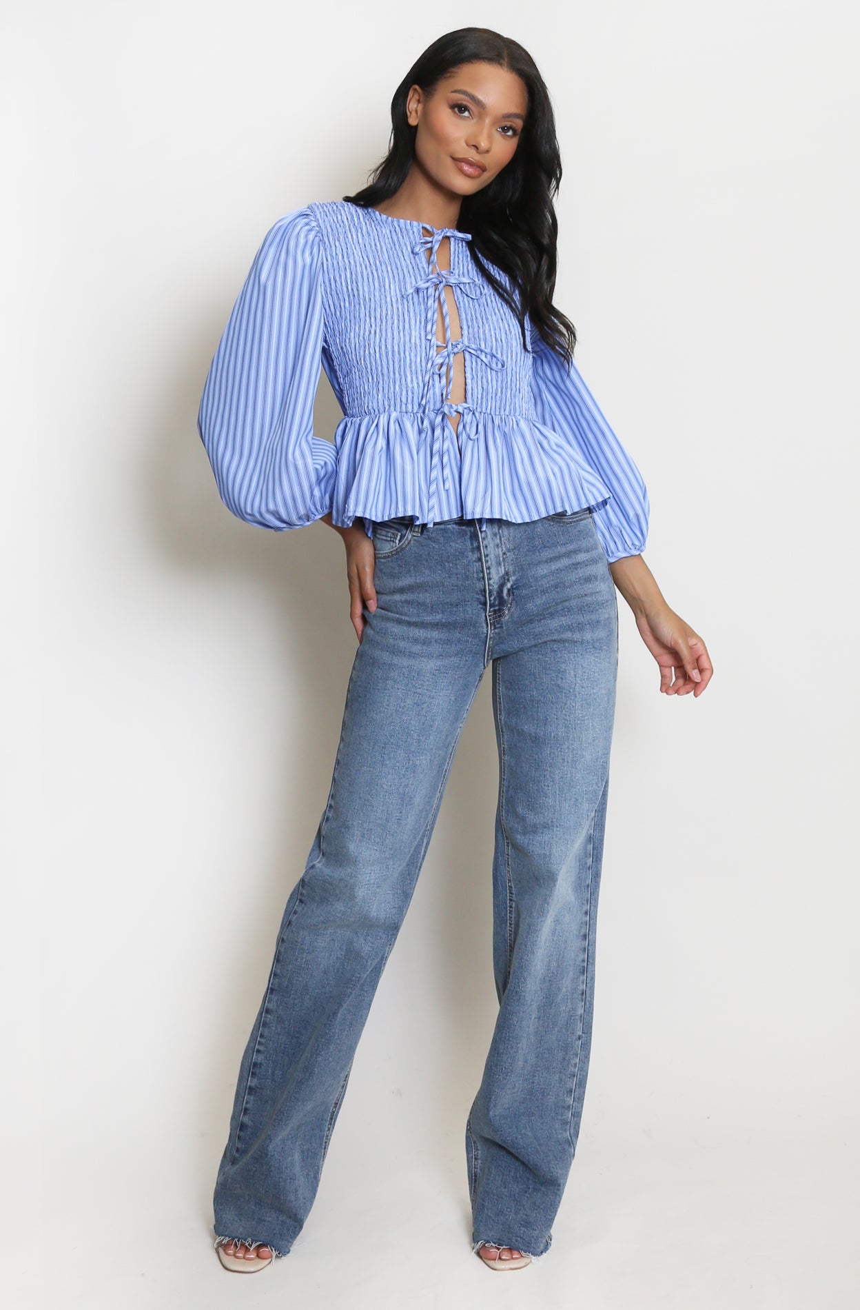 ‘Beau’ Stripe Shirred Peplum Blouse