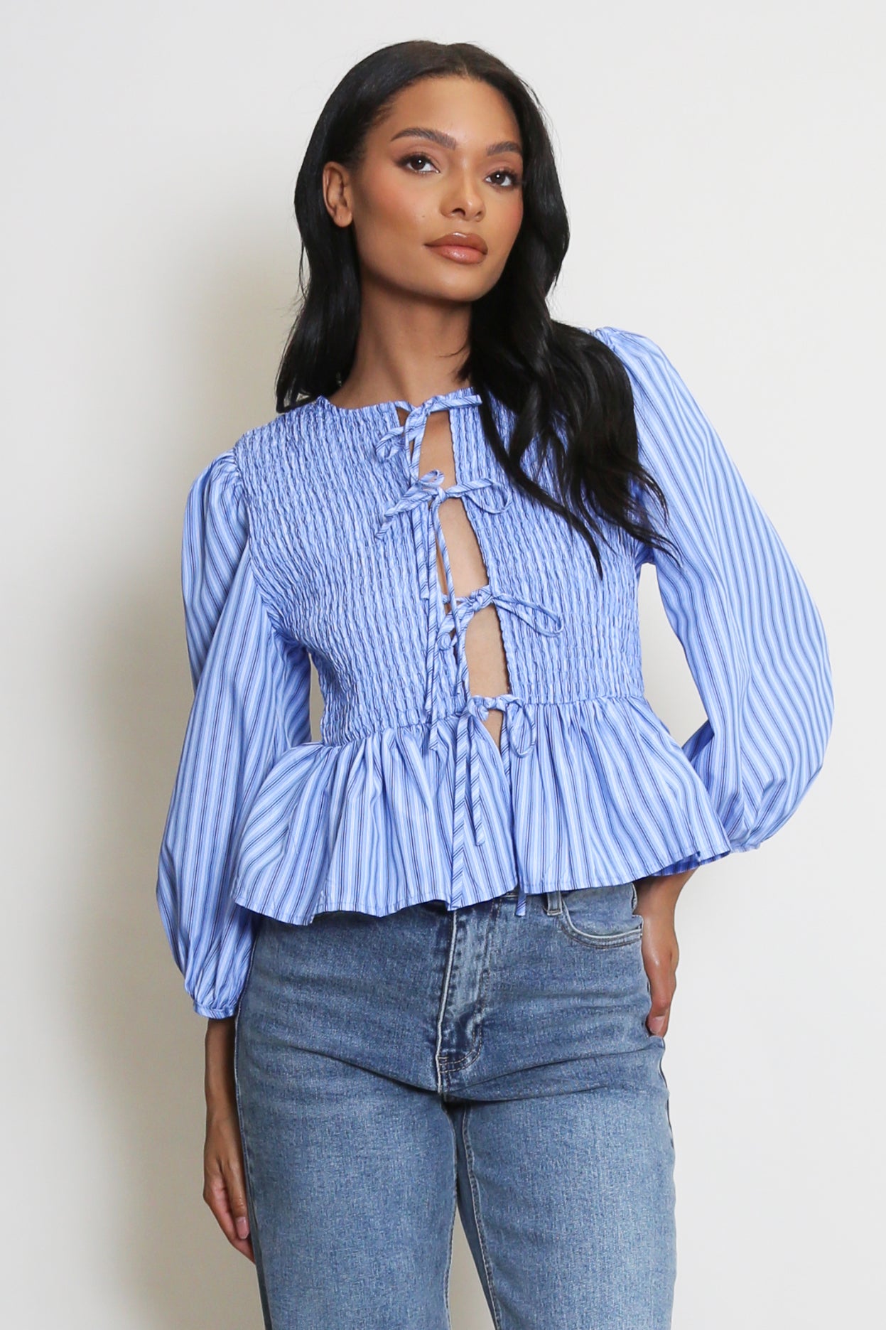 ‘Beau’ Stripe Shirred Peplum Blouse