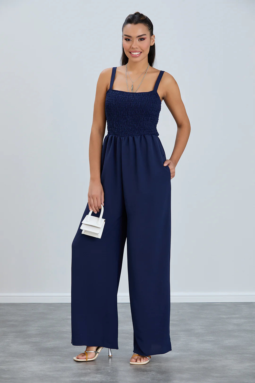 ‘Eleanor’ Navy Elasticated Jumpsuit