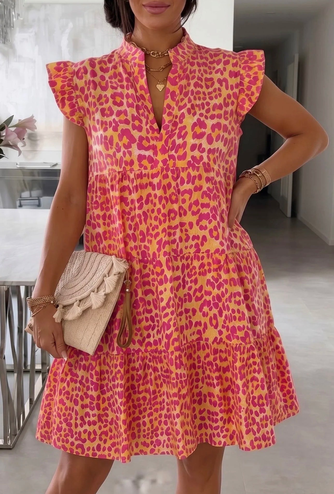 ‘Mika’ Leopard Ruffle Frill Sleeve Smock Dress