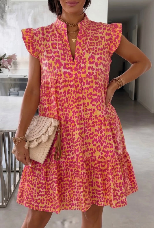 ‘Mika’ Leopard Ruffle Frill Sleeve Smock Dress