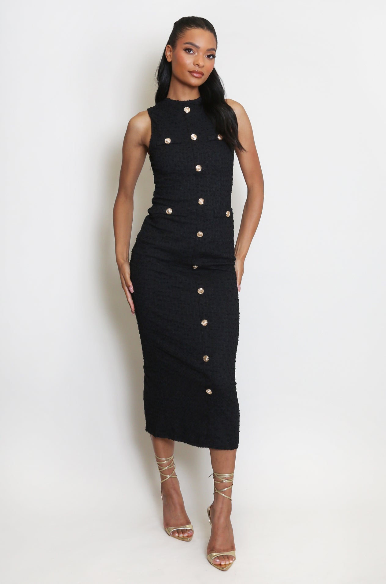 ‘Lisa’ Gold Buttoned Midi Dress