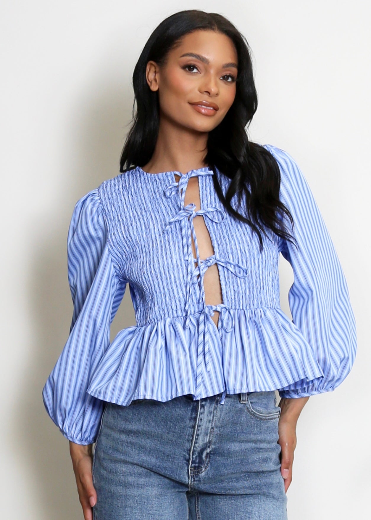 ‘Beau’ Stripe Shirred Peplum Blouse