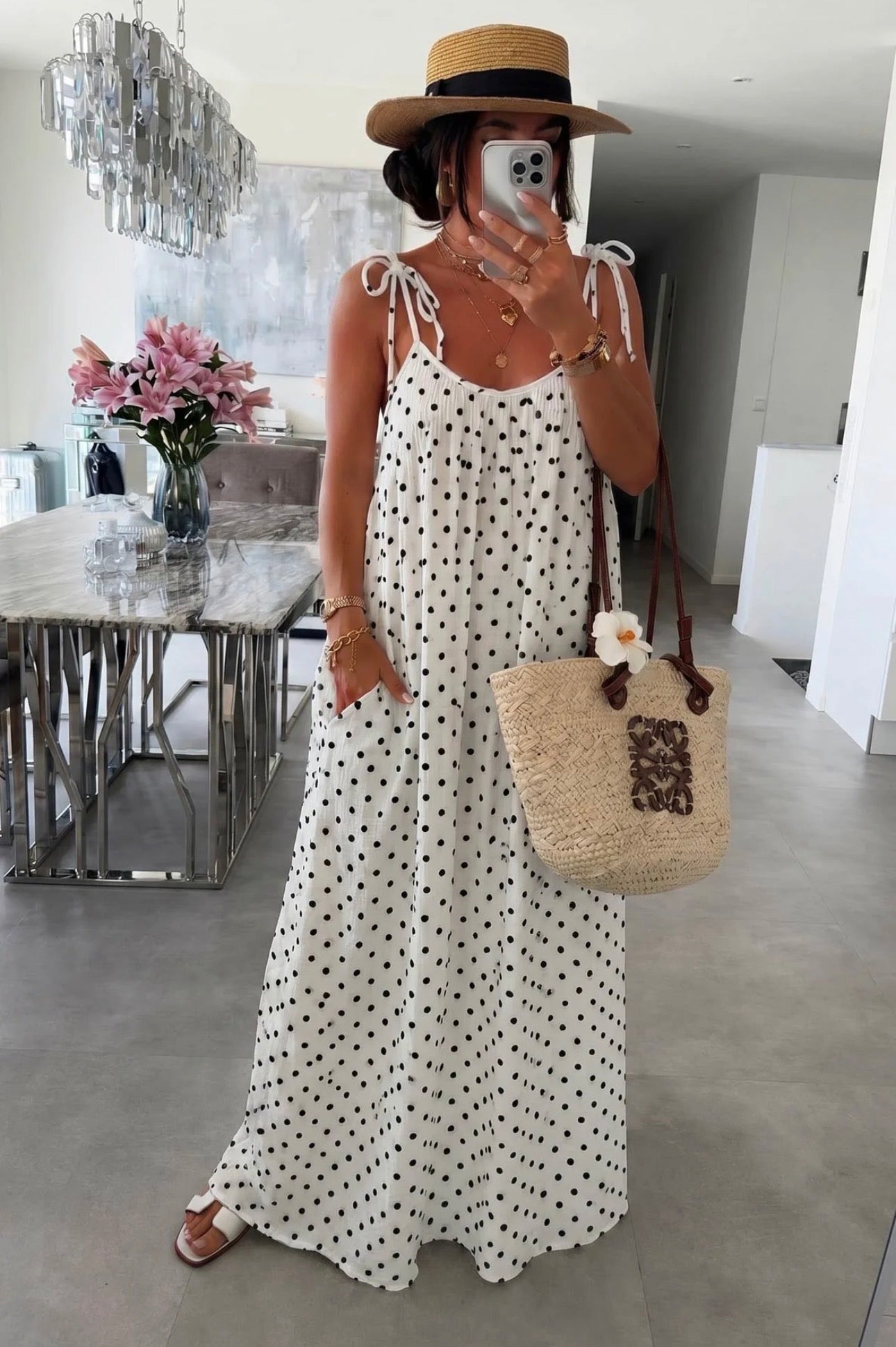 ‘Josette’ Polka Dot Pocket Tie up Cotton Maxi Dress