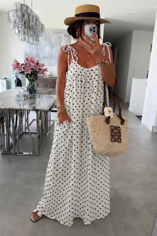 ‘Josette’ Polka Dot Pocket Tie up Cotton Maxi Dress