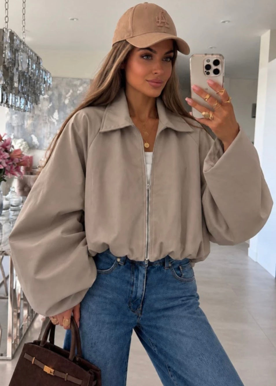 ‘Veda’ Crop Balloon Sleeve Jacket in Taupe