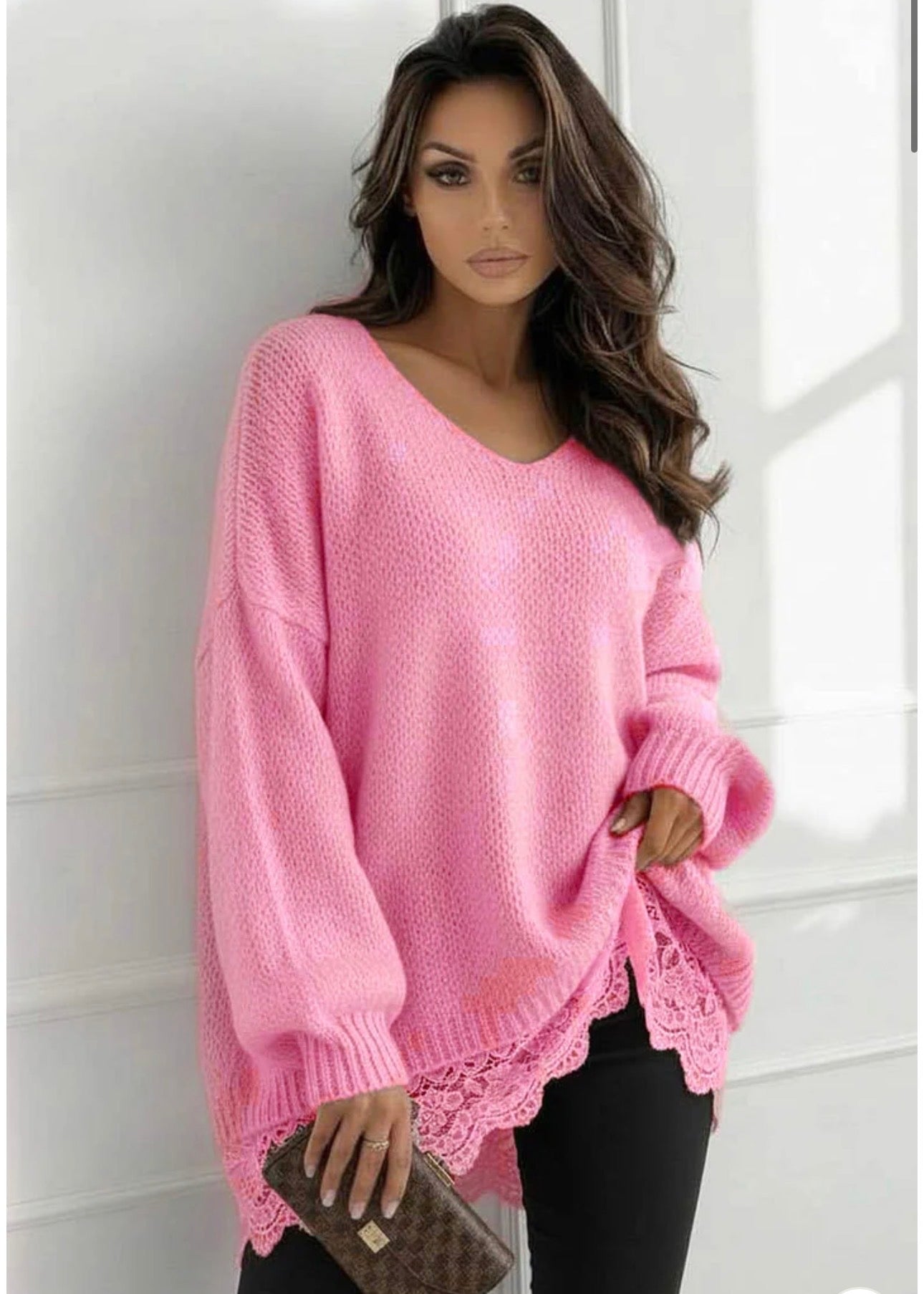 ‘Sola’ Lace Hem Jumper in Pink