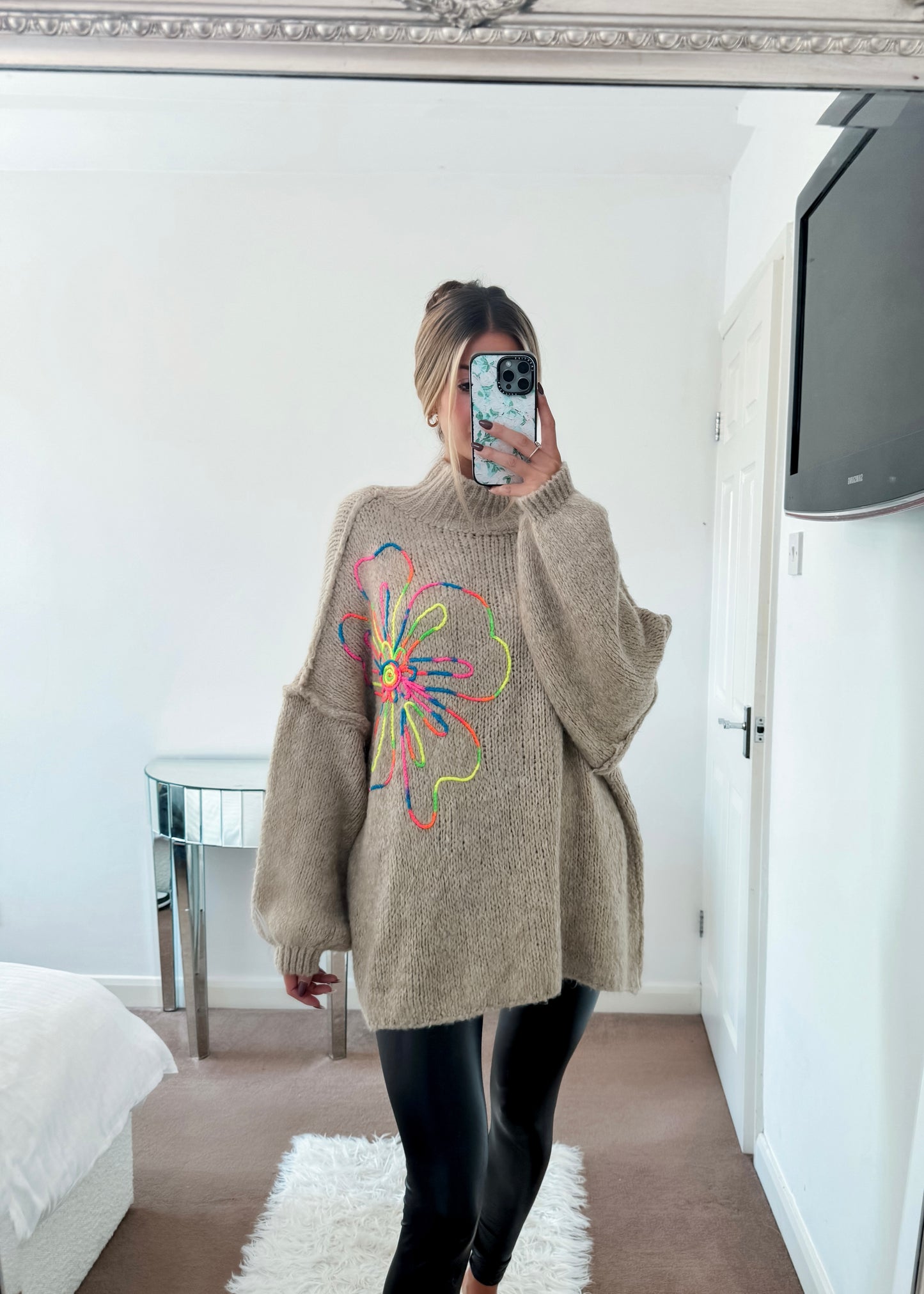 ‘Freya’ Embroidered Flower Oversized Jumper - Beige or Pink