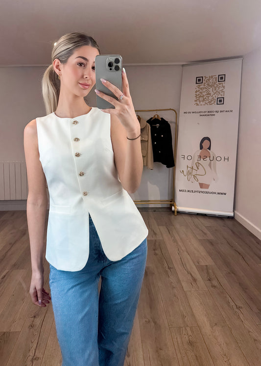 ‘Faye’ Buttoned Waistcoat in White