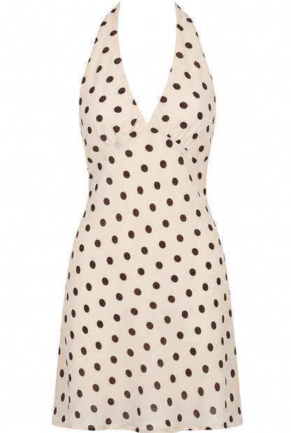 ‘Jessie’ Polka Dot Halterneck Dress in Beige