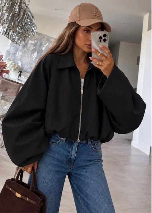 ‘Veda’ Crop Balloon Sleeve Jacket in Black
