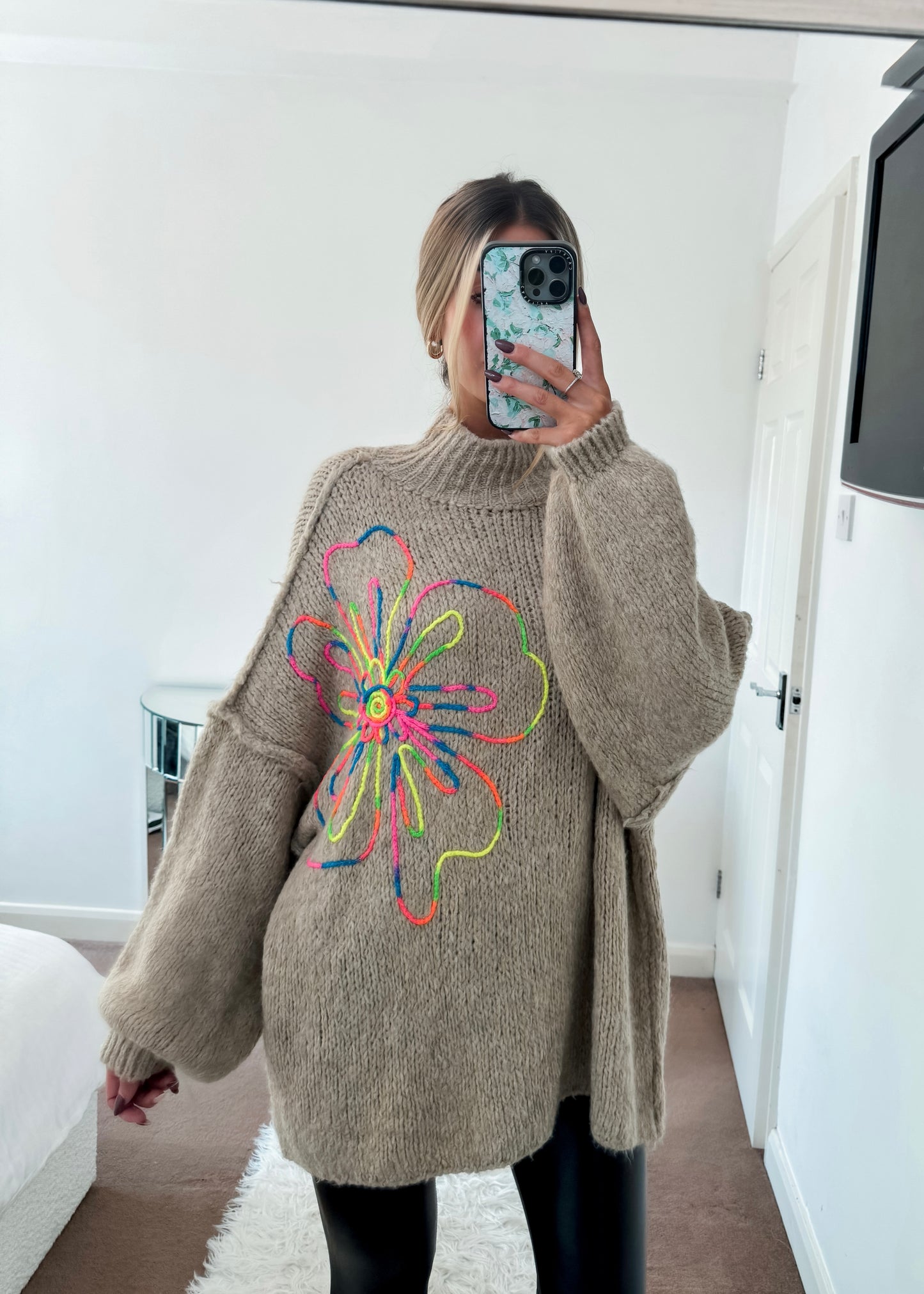 ‘Freya’ Embroidered Flower Oversized Jumper - Beige or Pink