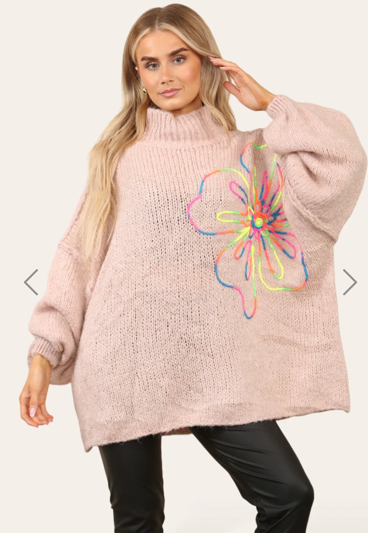 ‘Freya’ Embroidered Flower Oversized Jumper - Beige or Pink