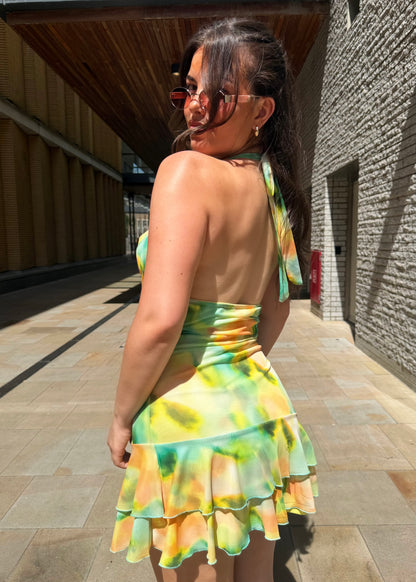‘Gia’ Frill Hem Halterneck Dress in Orange/Green