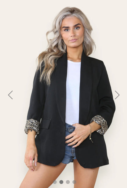 ‘Cami’ Black Classic Blazer with Leopard Detail/Plain CURVE RANGE AVAILABLE