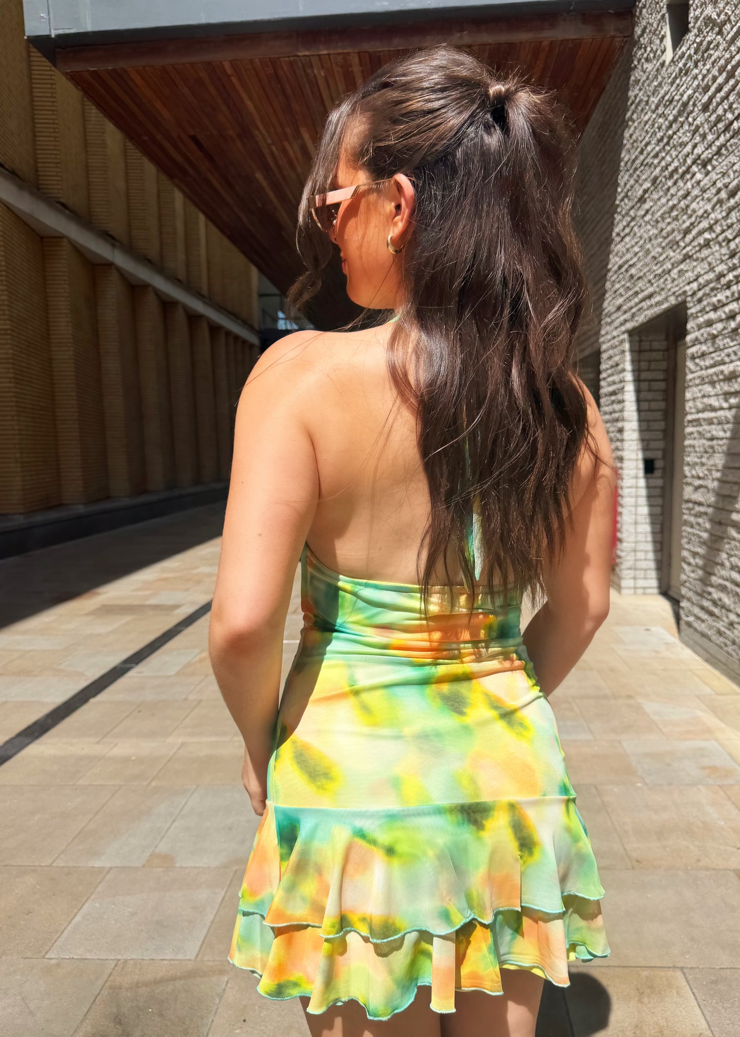 ‘Gia’ Frill Hem Halterneck Dress in Orange/Green