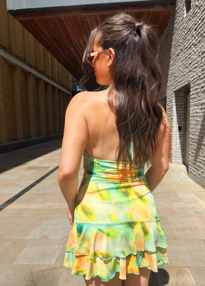 ‘Gia’ Frill Hem Halterneck Dress in Orange/Green