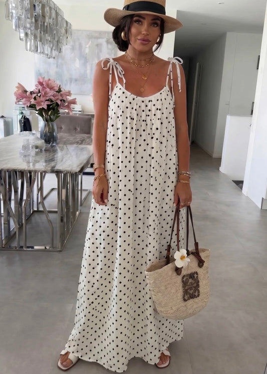 ‘Josette’ Polka Dot Pocket Tie up Cotton Maxi Dress