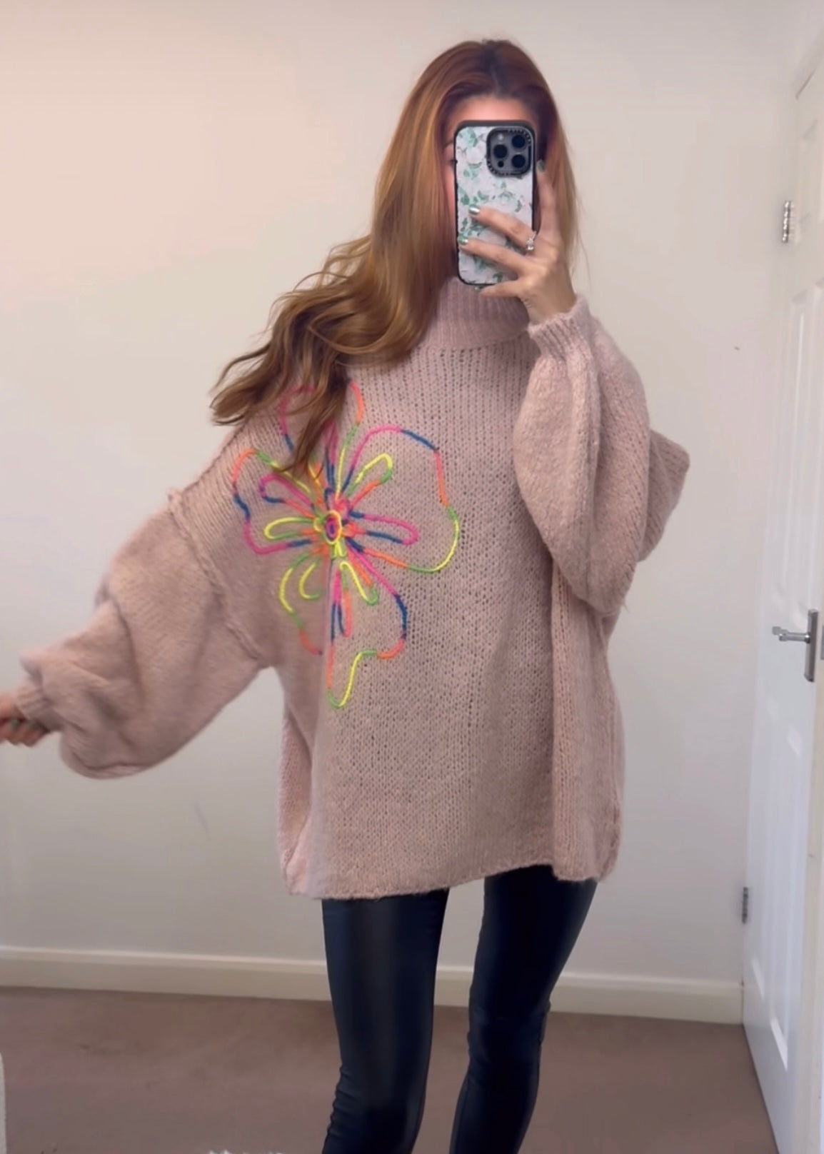 ‘Freya’ Embroidered Flower Oversized Jumper - Beige or Pink