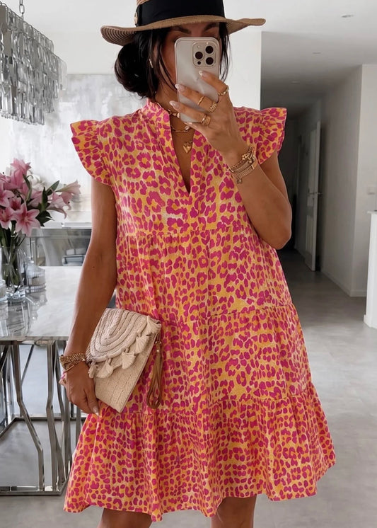 ‘Mika’ Leopard Ruffle Frill Sleeve Smock Dress