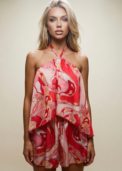 ‘Tia’ Scarf Print Halterneck Set