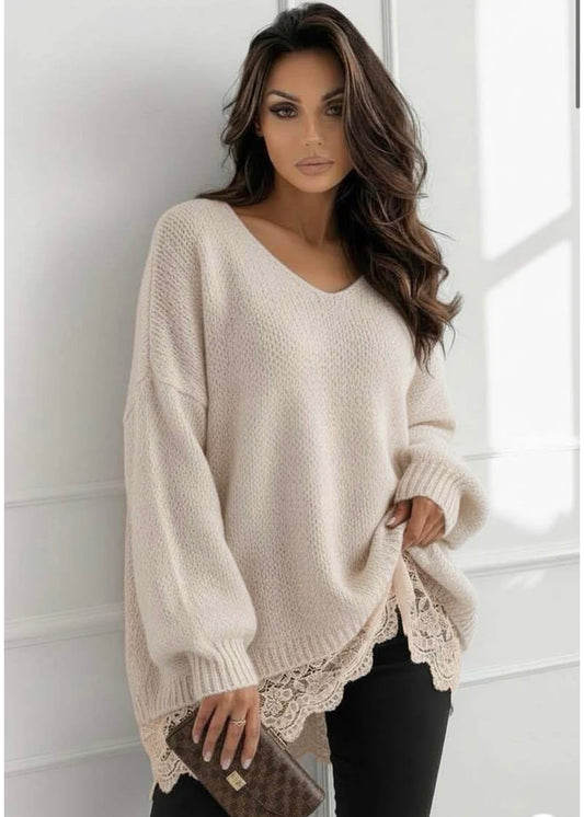 ‘Sola’ Lace Hem Jumper in Beige