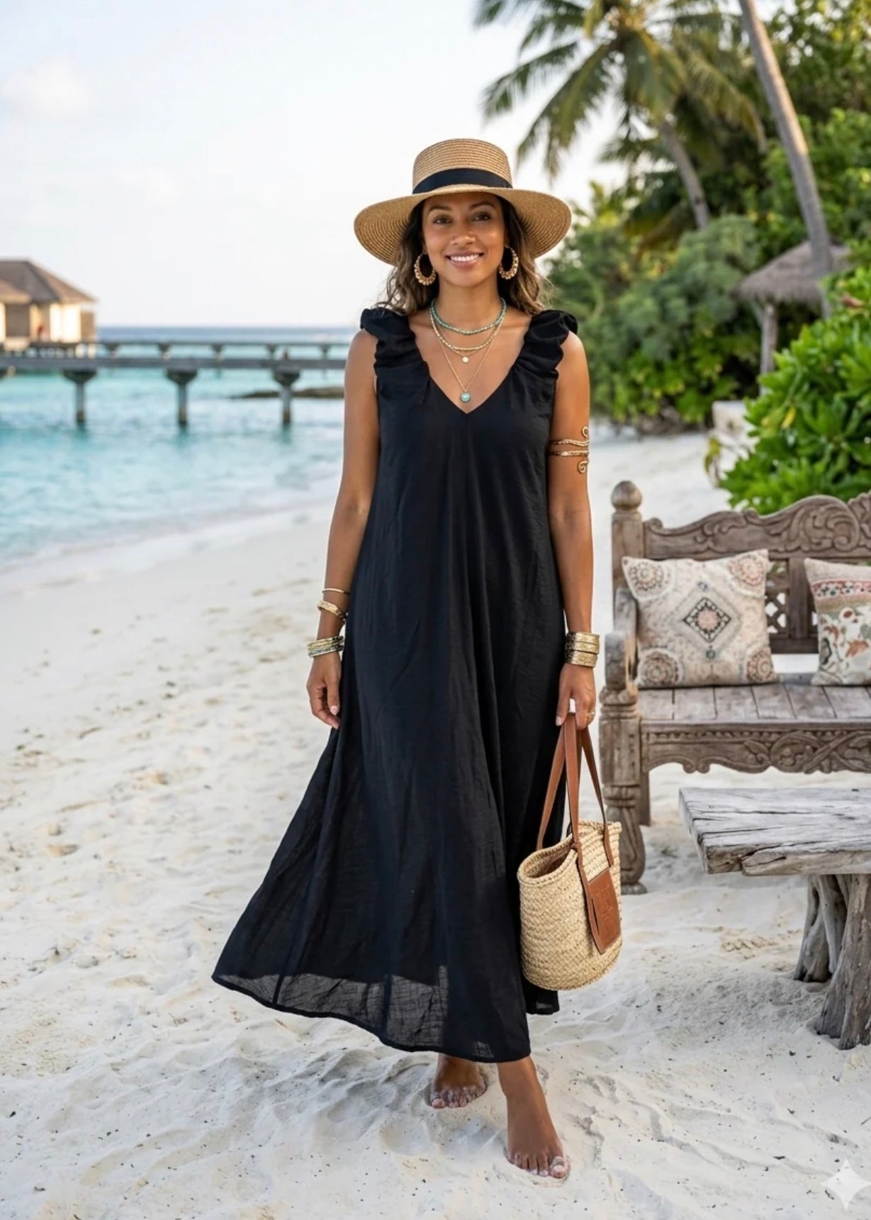‘Mimi’ Black Frill Shoulder Maxi
